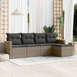 5 Pcs conjunto sofás de jardim c/ almofadões vime PE cinzento