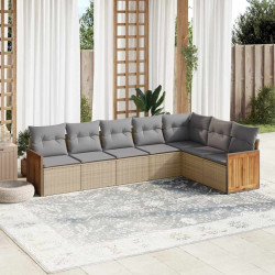 7 Pcs conjunto de sofás p/ jardim com almofadões vime PE bege
