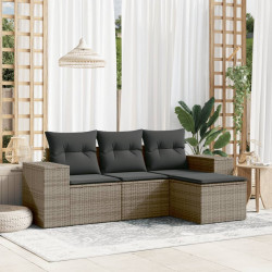4 Pcs conjunto sofás de jardim c/ almofadões vime PE cinzento