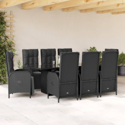 9 Pcs conjunto de jantar p/ jardim c/ almofadões vime PE preto