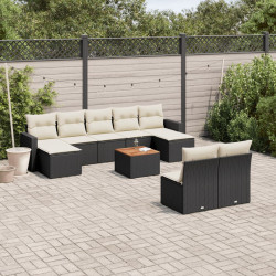10 Pcs conjunto sofás de jardim c/ almofadões vime PE preto