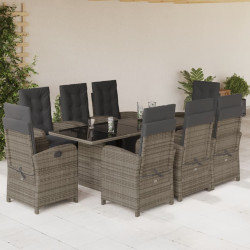 9 Pcs conjunto de jantar p/ jardim c/ almofadões vime PE cinza