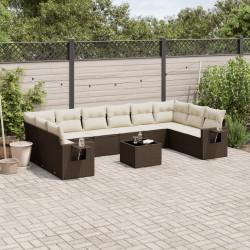 11 Pcs conjunto sofás de jardim c/ almofadões vime PE castanho