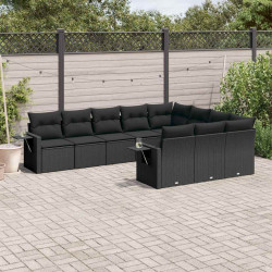 10 Pcs conjunto sofás de jardim c/ almofadões vime PE preto