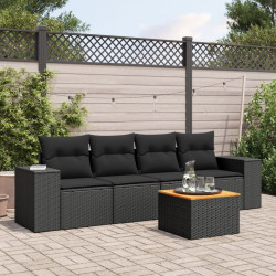 5 Pcs conjunto sofás de jardim com almofadões vime PE preto