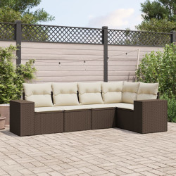 5 Pcs conjunto sofás p/ jardim c/ almofadões vime PE castanho