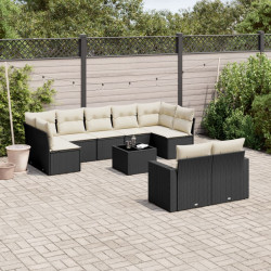 10 Pcs conjunto sofás de jardim c/ almofadões vime PE preto