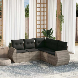 5 Pcs conj. sofás jardim c/ almofadões vime PE cinzento-claro