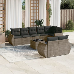 9 Pcs conjunto sofás p/ jardim com almofadões vime PE cinzento