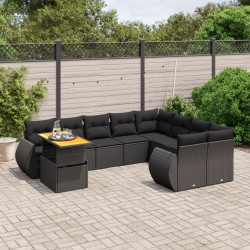 10 Pcs conjunto sofás de jardim c/ almofadões vime PE preto