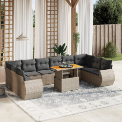 11 Pcs conjunto sofás de jardim c/ almofadões vime PE cinzento