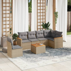 7 Pcs conjunto de sofás p/ jardim com almofadões vime PE bege
