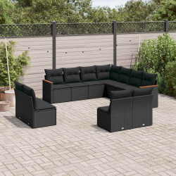 11 Pcs conjunto sofás de jardim c/ almofadões vime PE preto