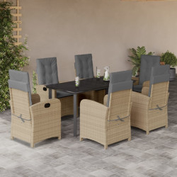 7 Pcs conj. jantar jardim c/ almofadões vime PE bege misturado