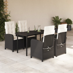 5 Pcs conjunto de jantar p/ jardim c/ almofadões vime PE preto