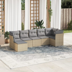 7 Pcs conjunto de sofás p/ jardim com almofadões vime PE bege
