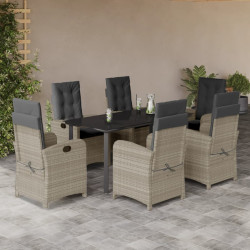 7 Pcs conj. jantar p/ jardim c/ almofadões vime PE cinza-claro
