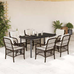 7 Pcs conjunto jantar p/ jardim c/ almofadões vime PE castanho