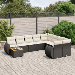 10 Pcs conjunto sofás de jardim c/ almofadões vime PE preto