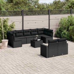 10 Pcs conjunto sofás de jardim c/ almofadões vime PE preto