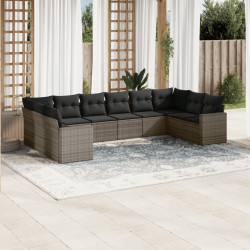 10 Pcs conjunto sofás de jardim c/ almofadões vime PE cinzento