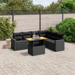 7 Pcs conjunto de sofás p/ jardim c/ almofadões vime PE preto