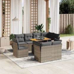 9 Pcs conjunto sofás p/ jardim com almofadões vime PE cinzento