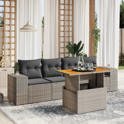 5 Pcs conjunto sofás de jardim c/ almofadões vime PE cinzento