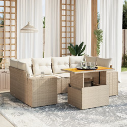 7 Pcs conjunto de sofás p/ jardim com almofadões vime PE bege