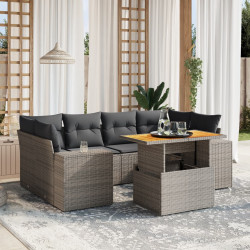 7 Pcs conjunto sofás p/ jardim c/ almofadões vime PE cinzento
