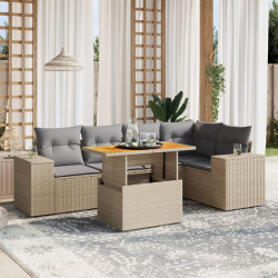 6 Pcs conjunto de sofás p/ jardim com almofadões vime PE bege