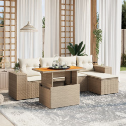 6 Pcs conjunto de sofás p/ jardim com almofadões vime PE bege