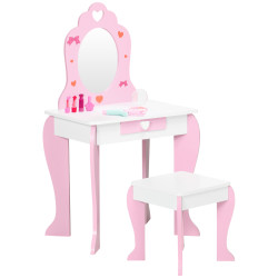 Toucador infantil de madeira com banco espelho e gaveta mesa de maquilhagem para crianças entre 3-6 anos 50x36,5x89,5cm rosa