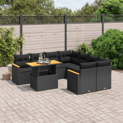 9 Pcs conjunto de sofás p/ jardim c/ almofadões vime PE preto