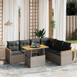 7 Pcs conjunto sofás p/ jardim c/ almofadões vime PE cinzento