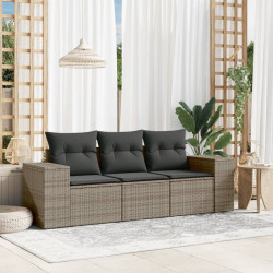 3 Pcs conjunto sofás de jardim c/ almofadões vime PE cinzento