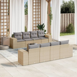9 Pcs conjunto de sofás p/ jardim com almofadões vime PE bege