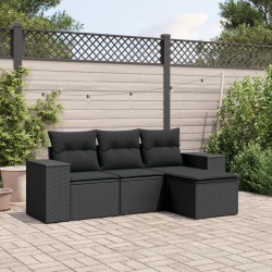 4 Pcs conjunto de sofás para jardim c/ almofadões vime PE preto