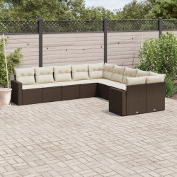 10 Pcs conj. sofás jardim com almofadões vime PE castanho