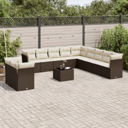 12 Pcs conjunto de sofás jardim com almofadões vime PE castanho