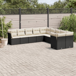 10 Pcs conjunto sofás de jardim c/ almofadões vime PE preto