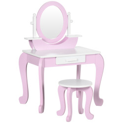 Toucador infantil com banco espelho e gaveta mesa de maquilhagem para crianças entre 3-6 anos 65,5x46x93cm rosa