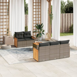 6 Pcs conjunto sofás de jardim com almofadões vime cinzento