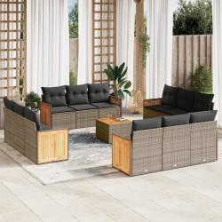 13 Pcs conjunto sofás p/ jardim c/ almofadões vime PE cinzento