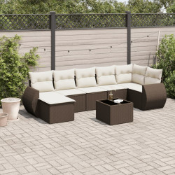 8 Pcs conjunto sofás de jardim c/ almofadões vime PE castanho