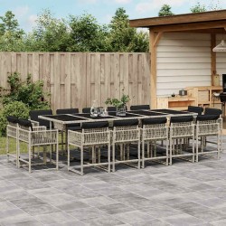 15 Pcs conj. jantar jardim c/ almofadões vime PE cinzento-claro