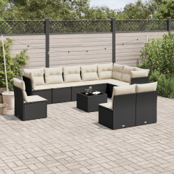 11 Pcs conjunto sofás de jardim c/ almofadões vime PE preto