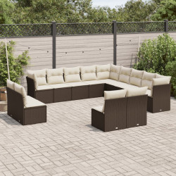 13 Pcs conjunto sofás p/ jardim c/ almofadões vime PE castanho