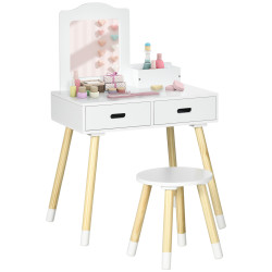 Toucador infantil de madeira com banco espelho e 2 gavetas brinquedo educativo para crianças de 3-6 anos 60x40x95cm branco
