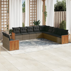 11 Pcs conjunto sofás de jardim c/ almofadões vime PE cinzento